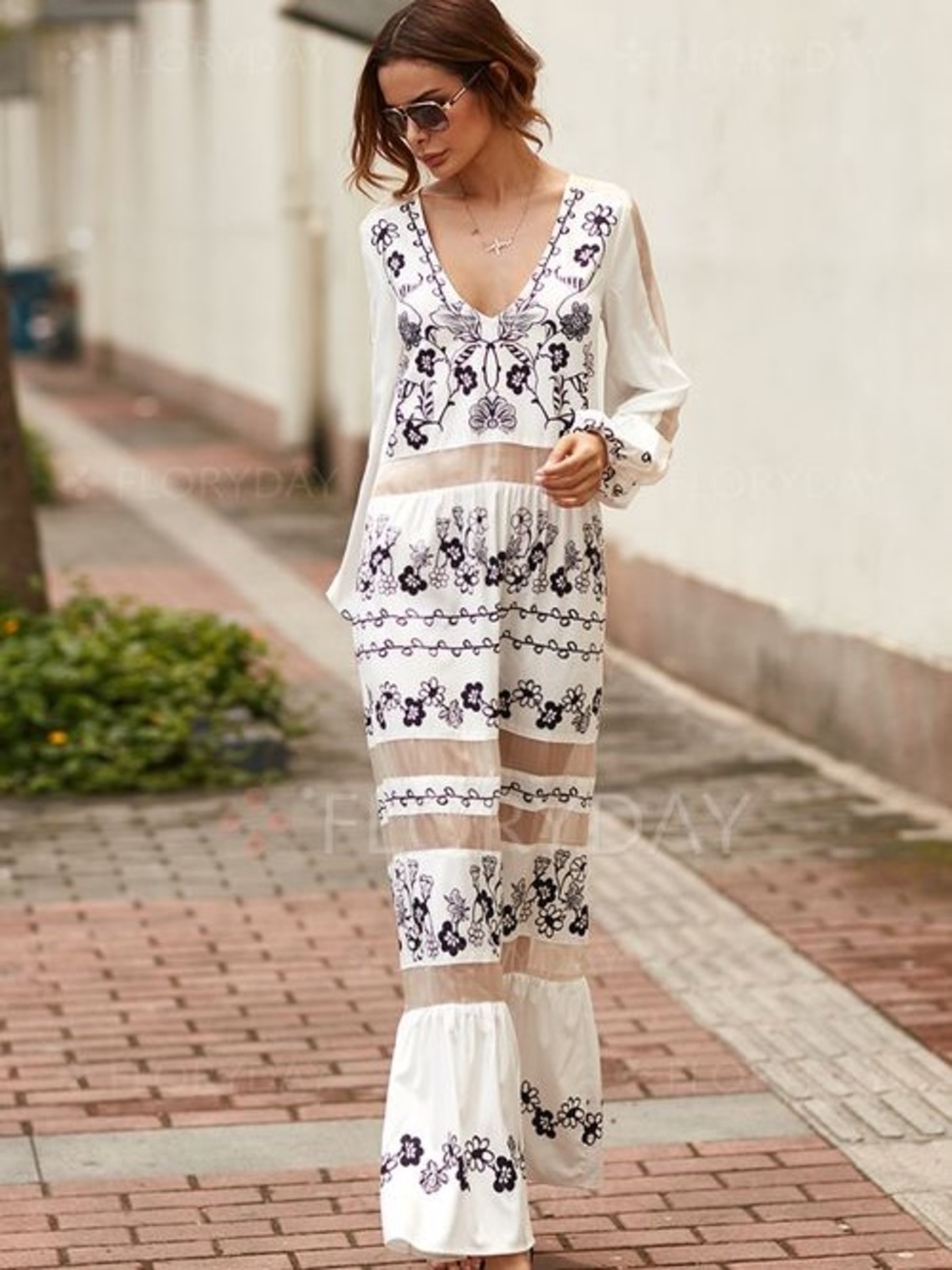NWT Floryday black and white floral maxi dress sheer mesh inserts size small